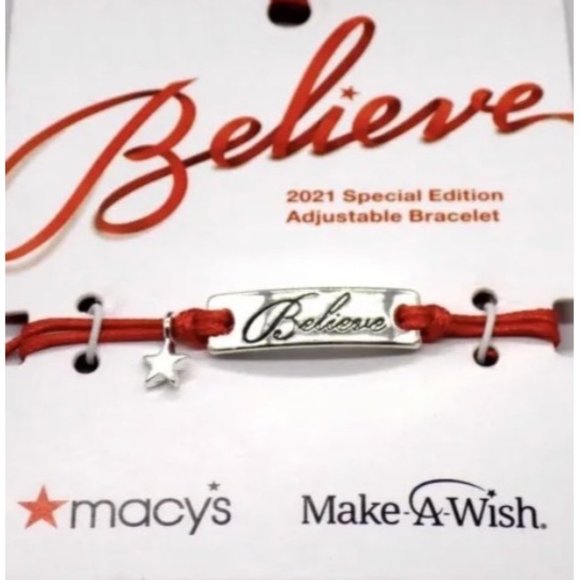 2021 Make A Wish Bracelet Believe Silver-tone Red Slide Cord New - Picture 2 of 2